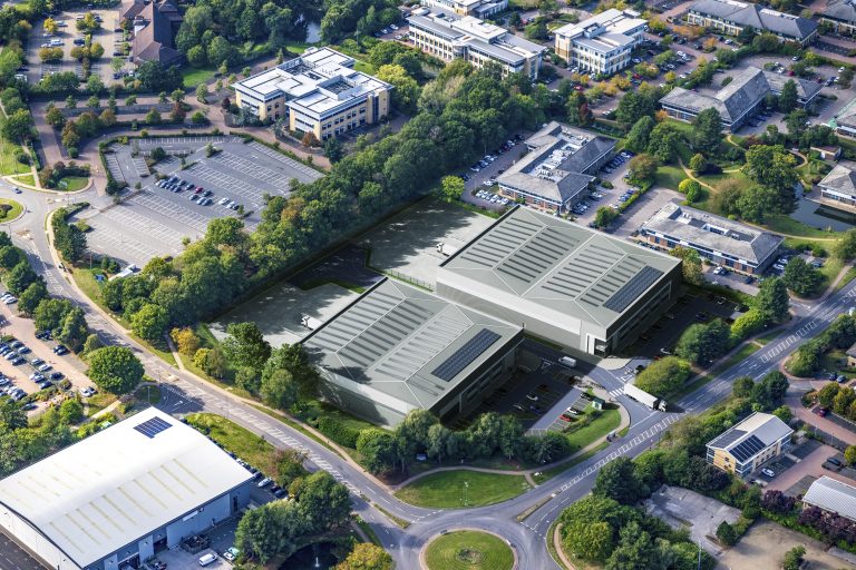 Aerial view of Project Diamond industrial warehouse development at Birmingham Business Park, showing two modern logistics units and surrounding infrastructure.