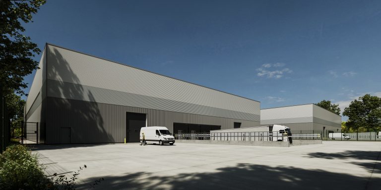 External view of a high-quality industrial warehouse unit at Birmingham Business Park, designed for logistics and distribution with loading access.