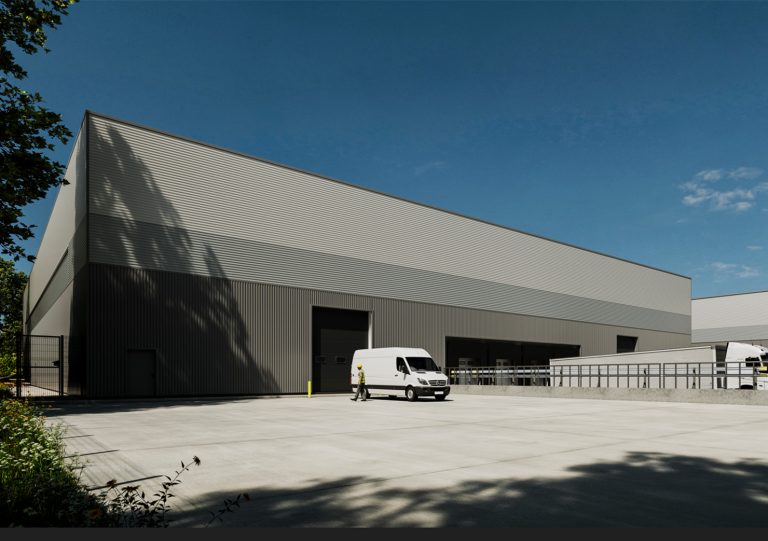 External view of a high-quality industrial warehouse unit at Birmingham Business Park, designed for logistics and distribution with loading access.